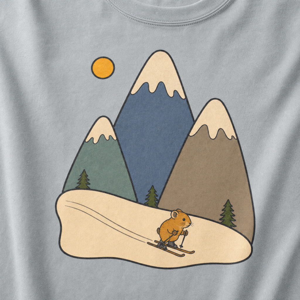 Close-up of a granite gray t-shirt featuring three muted snow-capped mountains, pine trees, a golden sun and a tiny animal skiing downhill.