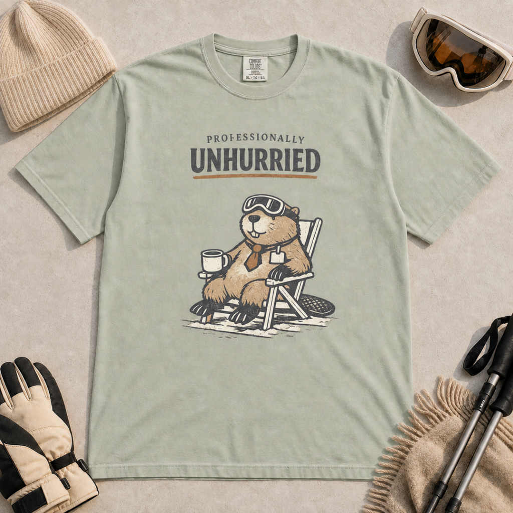 Bay green  t-shirt featuring a relaxed beaver in ski goggles and a necktie, seated with a mug beneath “Professionally Unhurried” lettering.