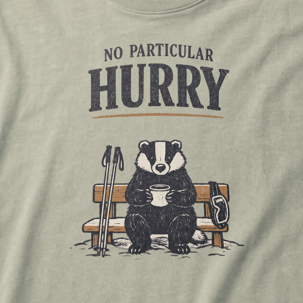 Close-up of a bay green t-shirt featuring a badger seated on a snowy bench with a mug, ski poles and goggles beneath the words “No Particular Hurry.”