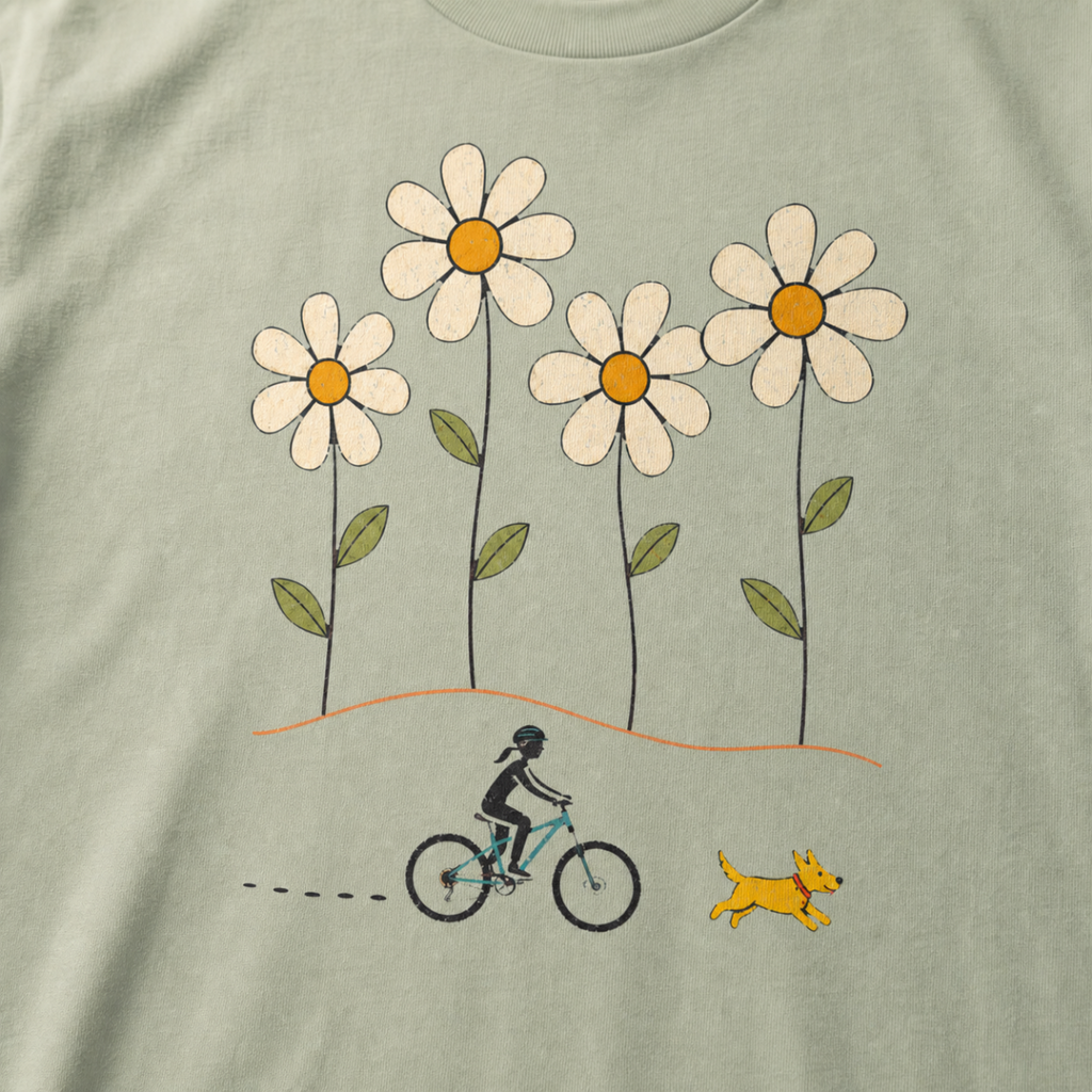 Close-up of a female mountain biker riding beside a yellow dog beneath four large hand-drawn daisies.
