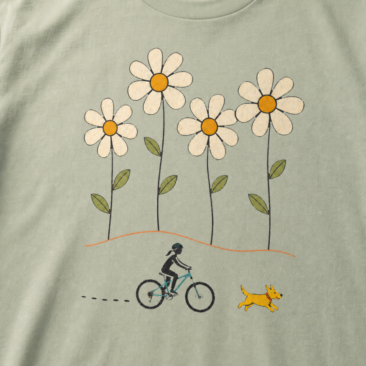 Close-up of a female mountain biker riding beside a yellow dog beneath four large hand-drawn daisies.