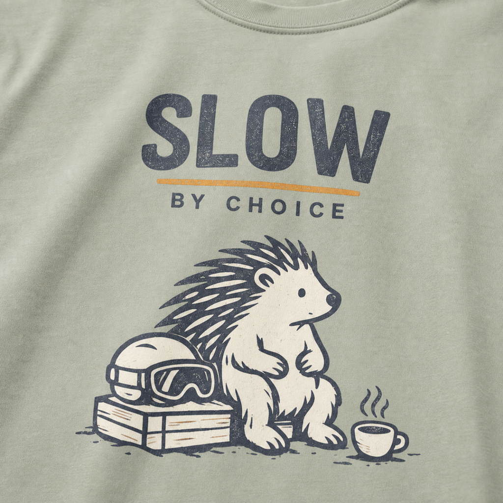 Close-up of a seated hedgehog resting beside ski goggles and a steaming mug under “Slow by Choice” lettering.