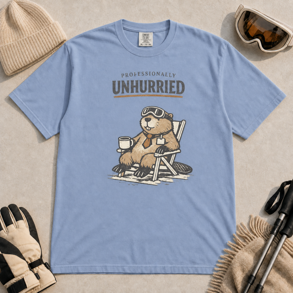 Washed denim blue t-shirt featuring a relaxed beaver in ski goggles and a necktie, seated with a mug beneath “Professionally Unhurried” lettering.