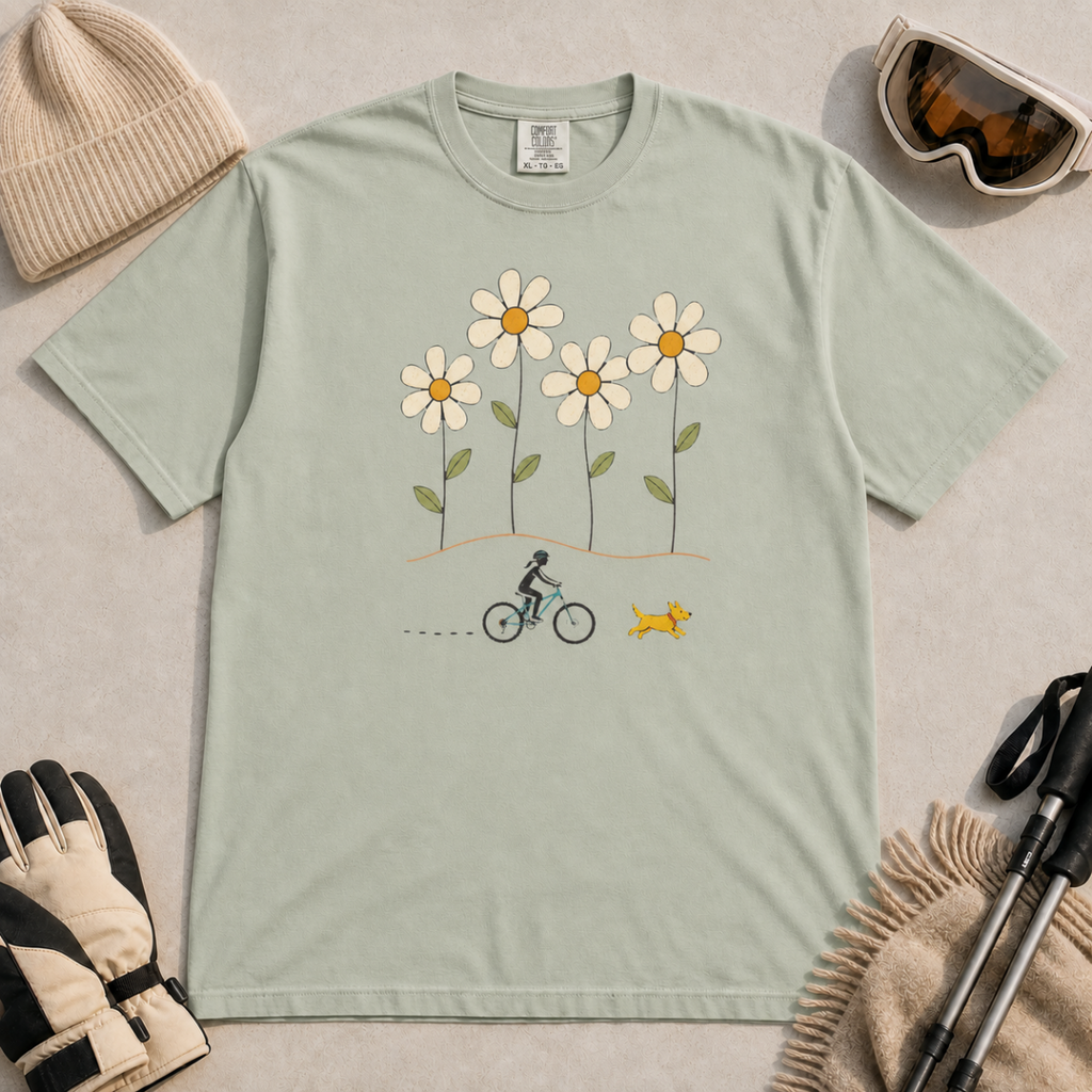 Bay green t-shirt featuring a small female mountain biker and yellow dog beneath four oversized daisies.