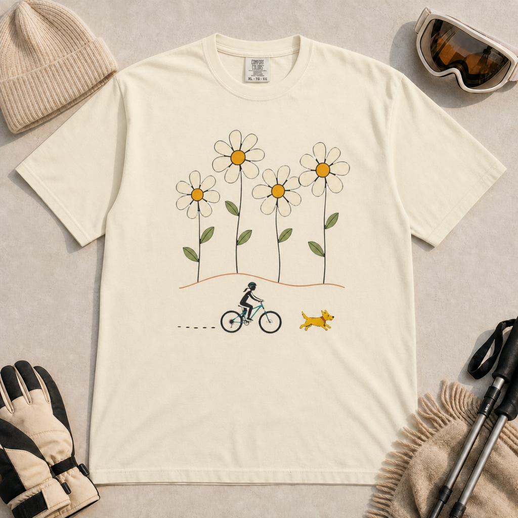 Ivory white t-shirt featuring a small female mountain biker and yellow dog beneath four oversized daisies.