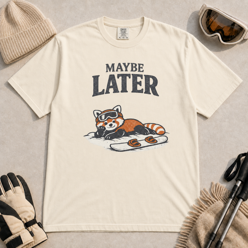 Ivory white t-shirt featuring a relaxed red panda in ski goggles lying beside a snowboard beneath the words “Maybe Later.”