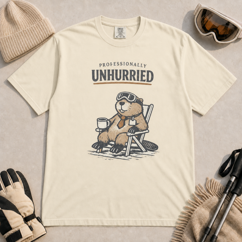 Ivory white t-shirt featuring a relaxed beaver in ski goggles and a necktie, seated with a mug beneath “Professionally Unhurried” lettering.