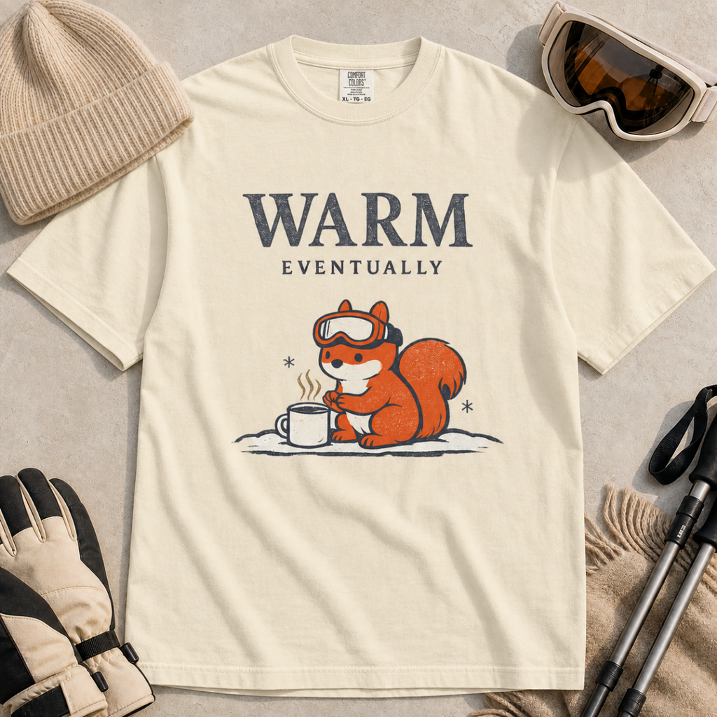 Ivory white t-shirt featuring a bundled-up squirrel warming its paws beside a steaming mug under “Warm Eventually” text.