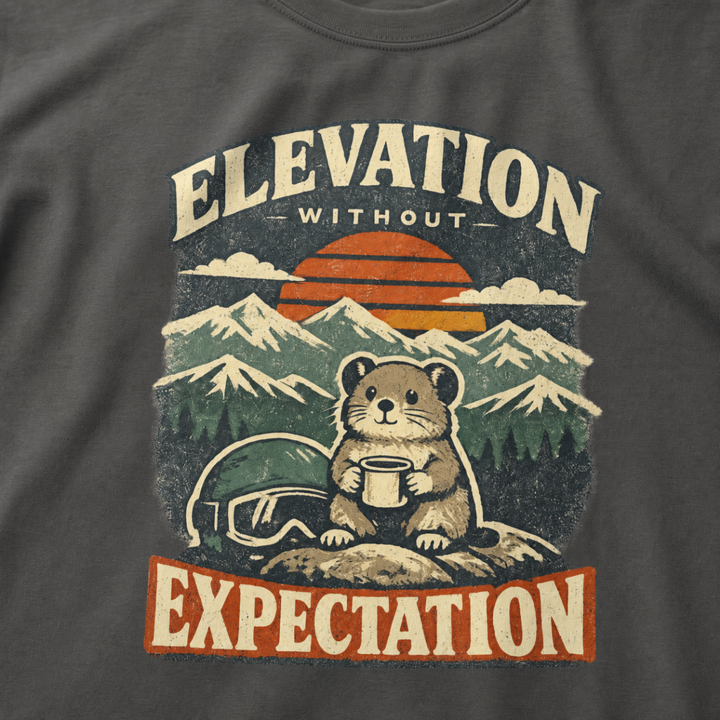 Close-up of a pepper grey t-shirt design featuring a small mountain rodent holding a mug beside ski goggles, with sunset peaks and the phrase “Elevation Without Expectation.”