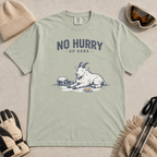 Bay green t-shirt featuring a mountain goat relaxing in the snow with a helmet, goggles and snack beneath the words “No Hurry Up Here.”