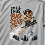 Close-up of a pika performing an airborne ski jump above snowy mountains and trees with the phrase “Small Legs Big Send.”