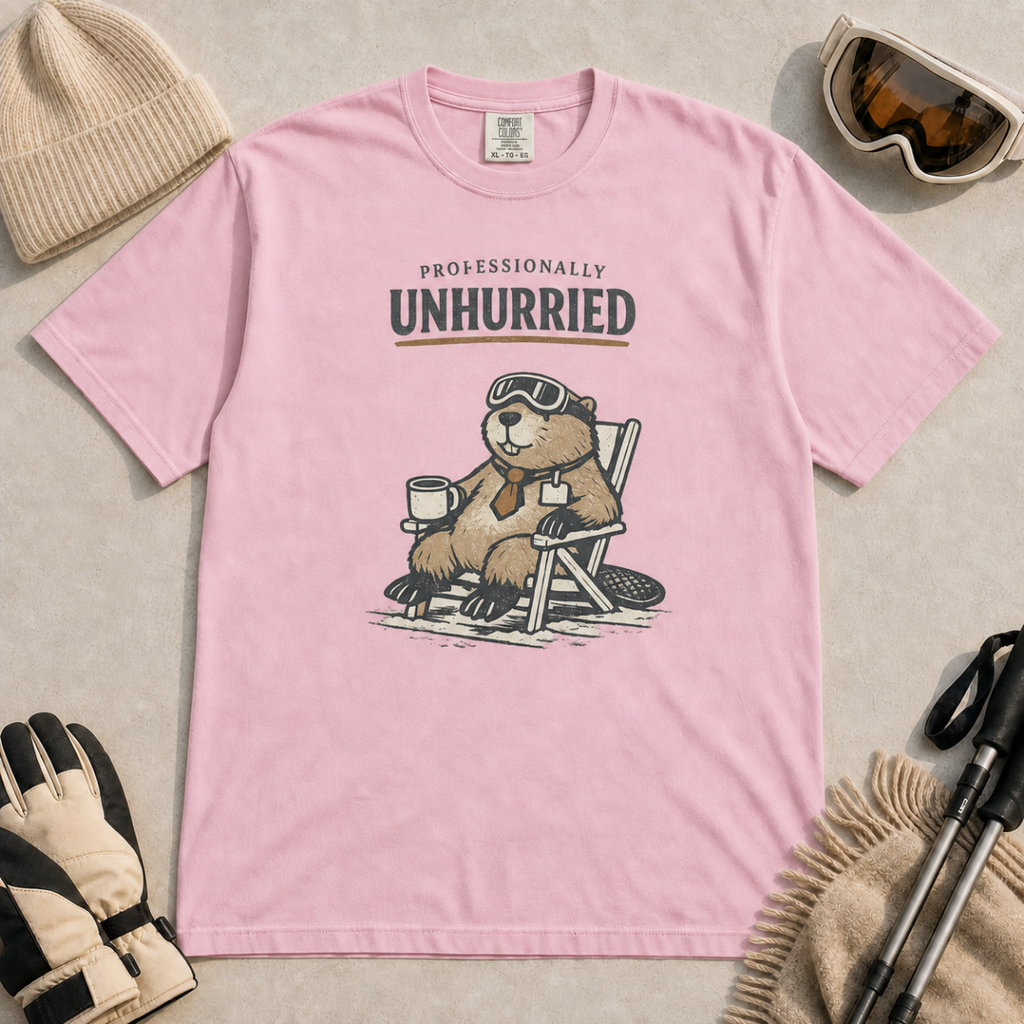 Blossom pink t-shirt featuring a relaxed beaver in ski goggles and a necktie, seated with a mug beneath “Professionally Unhurried” lettering.