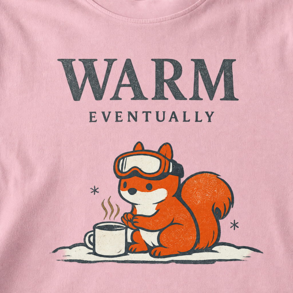 Close-up of a blossom pink t-shirt design showing a ski-goggle-wearing squirrel beside a hot drink under “Warm Eventually” text.