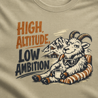 Close-up of a vintage mountain goat lounging on a striped cushion with a mug and snowy alpine scenery.
