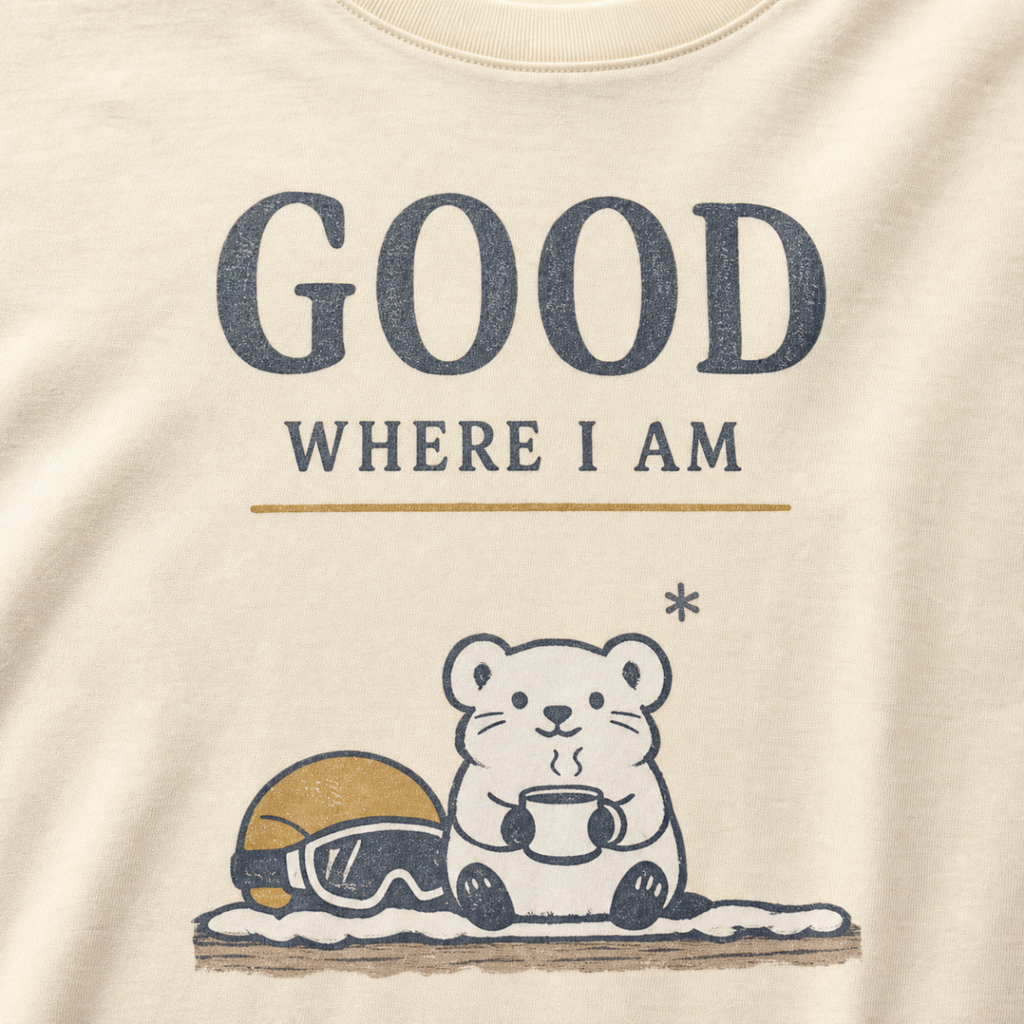 Close-up of an ivory white t-shirt featuring a small white bear holding a warm drink beside ski goggles with the phrase “Good Where I Am.”