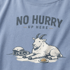 Close-up of a washed denim blue t-shirt featuring a mountain goat resting in the snow beside a helmet, goggles and snack beneath the words “No Hurry Up Here.”