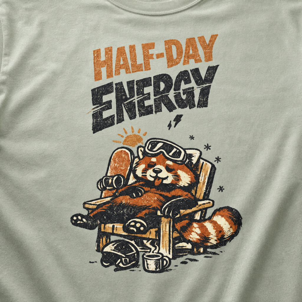 Close-up of a bay green t-shirt featuring a sleepy red panda lounging in a chair with the phrase “Half-Day Energy.”
