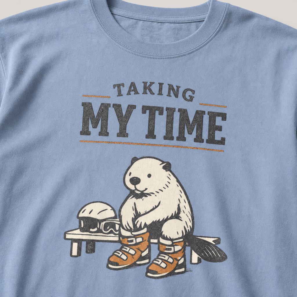Close-up of a beaver preparing snowboard boots beside a helmet and goggles under “Taking My Time” lettering.
