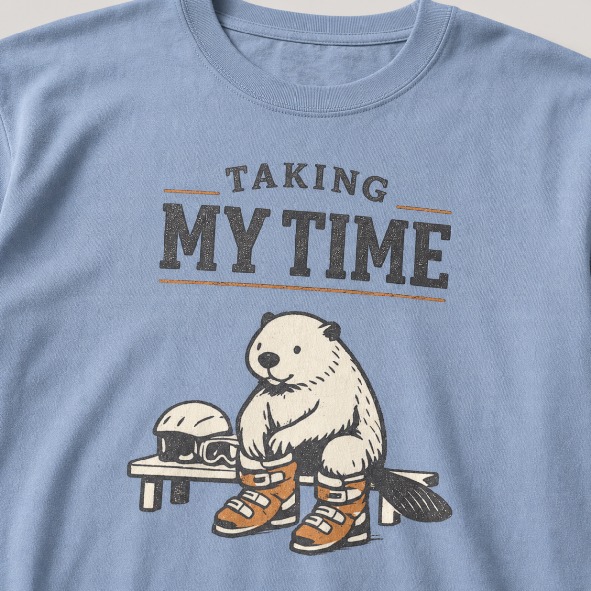 Close-up of a beaver preparing snowboard boots beside a helmet and goggles under “Taking My Time” lettering.