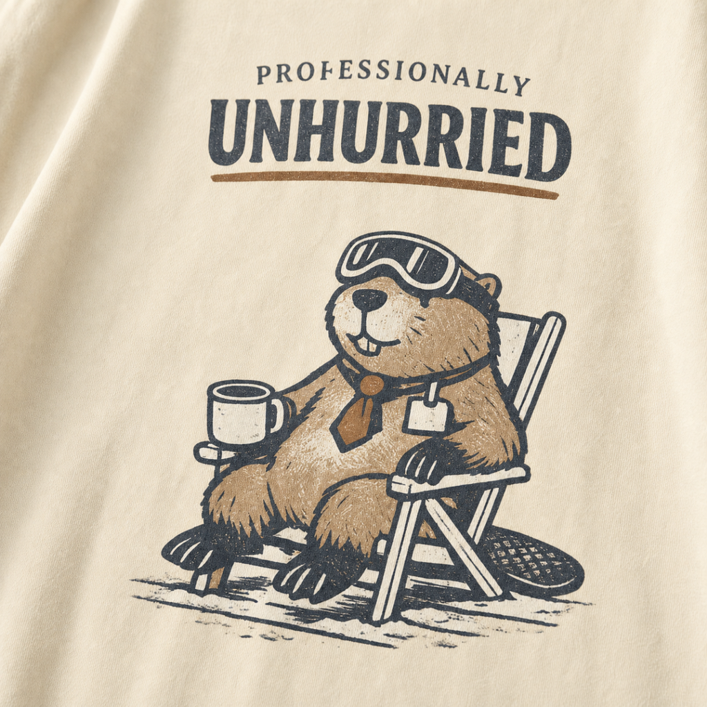 Close-up of a beaver relaxing in a folding chair with a mug, ski goggles and necktie beneath “Professionally Unhurried” text.