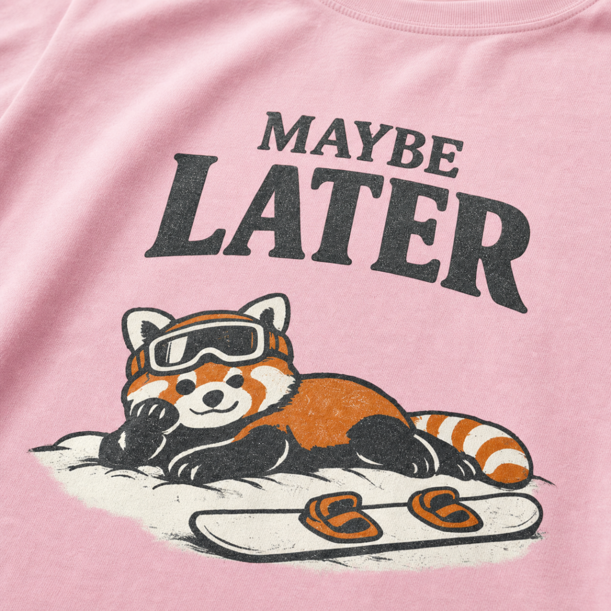 Close-up of a blossom pink t-shirt design featuring a red panda resting in the snow beside a snowboard beneath the words “Maybe Later.”