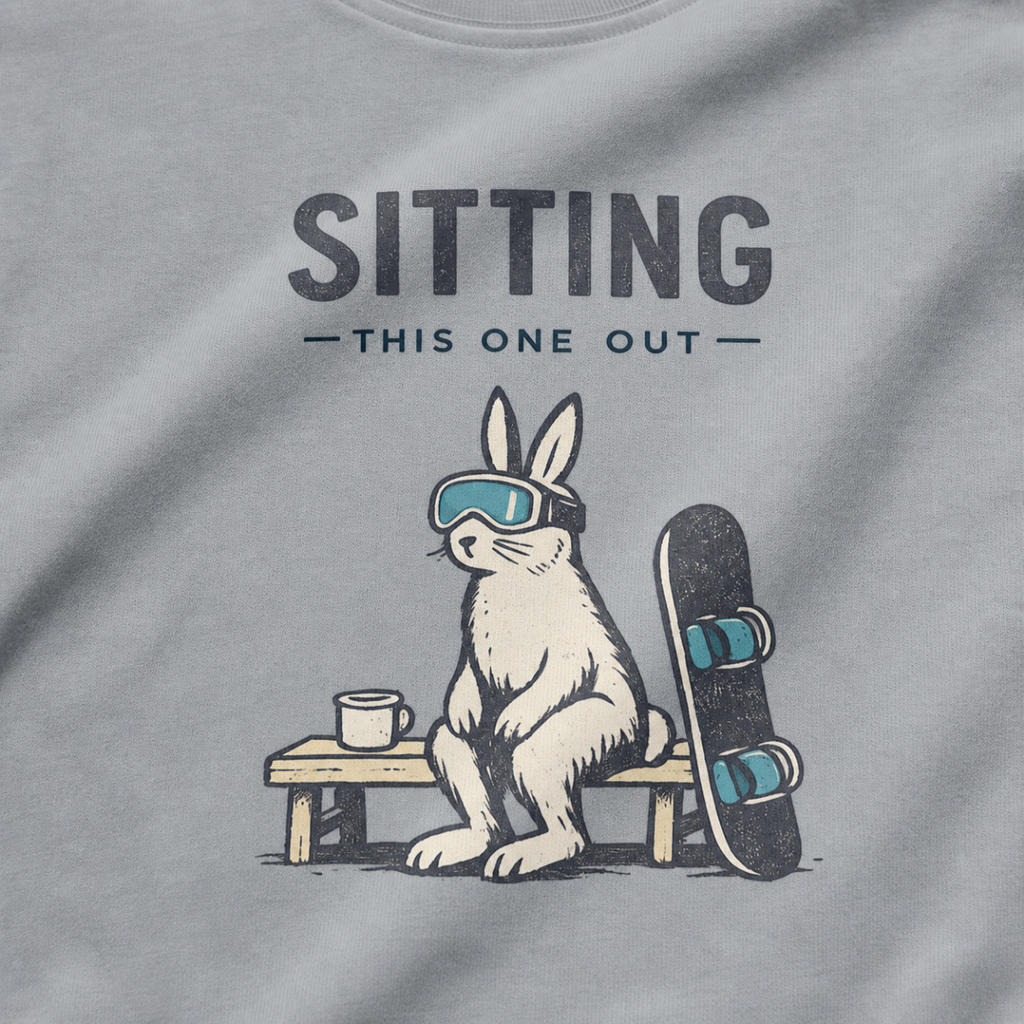 Close-up of a rabbit in ski goggles sitting beside a mug and snowboard beneath “Sitting This One Out” lettering.