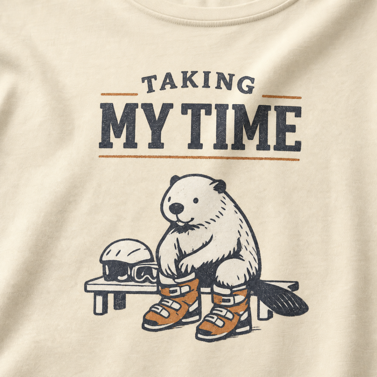 Close-up of a beaver preparing snowboard boots beside a helmet and goggles under “Taking My Time” lettering.