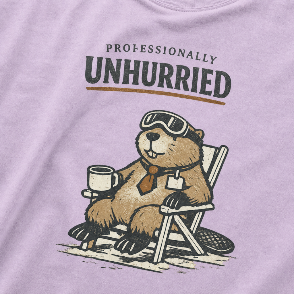 Close-up of a beaver relaxing in a folding chair with a mug, ski goggles and necktie beneath “Professionally Unhurried” text.