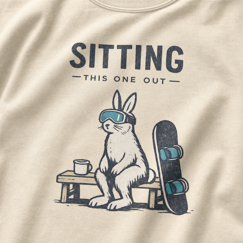 Close-up of a rabbit in ski goggles sitting beside a mug and snowboard beneath “Sitting This One Out” lettering.
