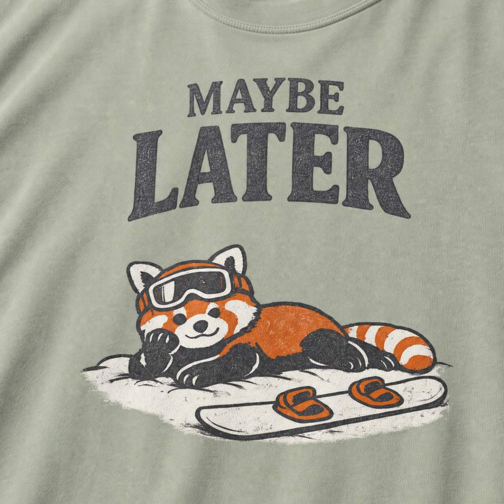Close-up of a bay green t-shirt design featuring a red panda resting in the snow beside a snowboard beneath the words “Maybe Later.”