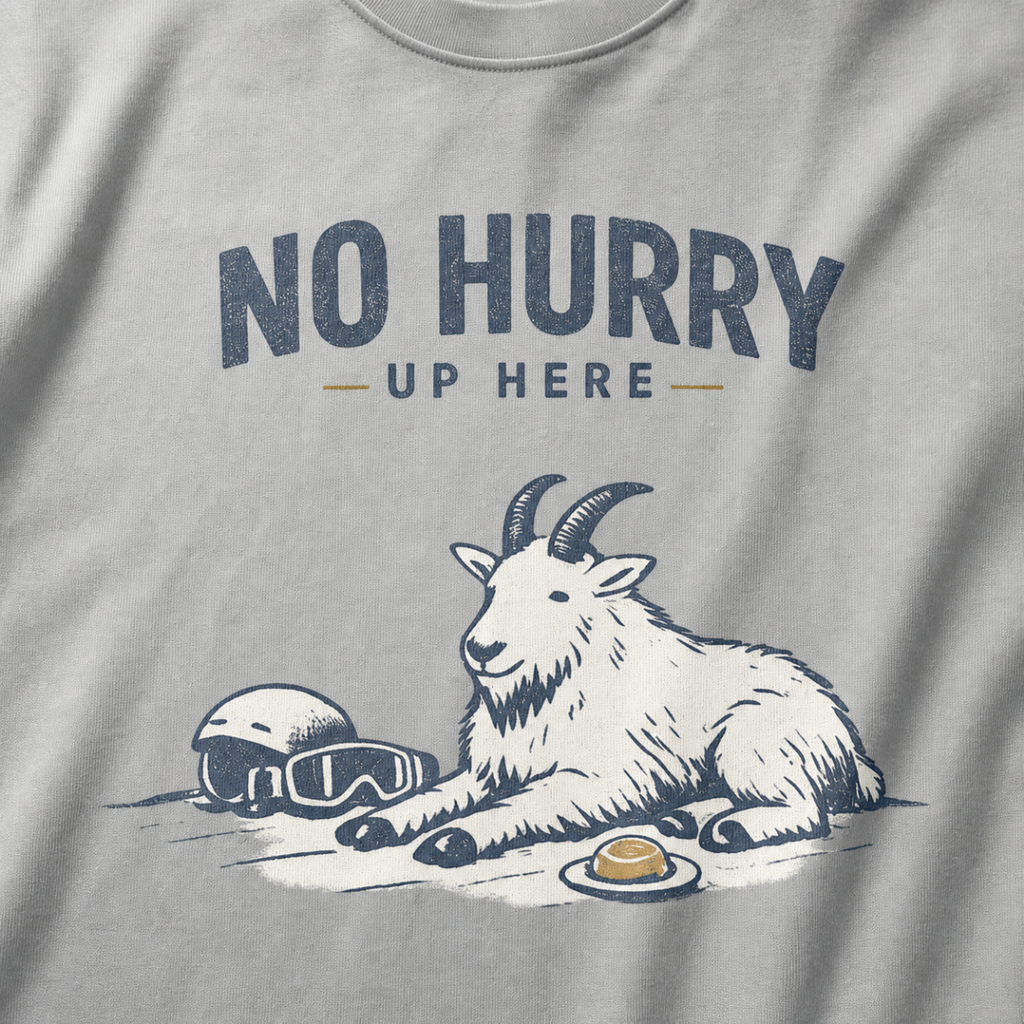 Close-up of a granite gray t-shirt featuring a mountain goat resting in the snow beside a helmet, goggles and snack beneath the words “No Hurry Up Here.”