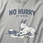 Close-up of a granite gray t-shirt featuring a mountain goat resting in the snow beside a helmet, goggles and snack beneath the words “No Hurry Up Here.”