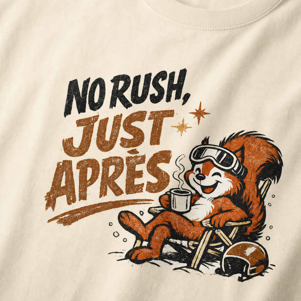 Close-up of an ivory white t-shirt featuring a relaxed red squirrel in ski goggles reclining in a chair with a steaming mug, beside the words “No Rush, Just Après.”