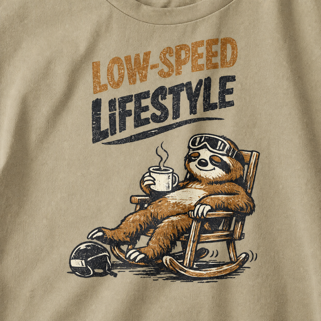 Close-up of a sloth relaxing in a rocking chair with a steaming mug and ski helmet beneath the words “Low-Speed Lifestyle.”