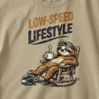 Close-up of a sloth relaxing in a rocking chair with a steaming mug and ski helmet beneath the words “Low-Speed Lifestyle.”