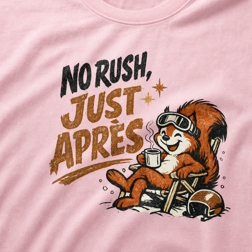 Close-up of a blossom pink t-shirt featuring a relaxed red squirrel in ski goggles reclining in a chair with a steaming mug, beside the words “No Rush, Just Après.”