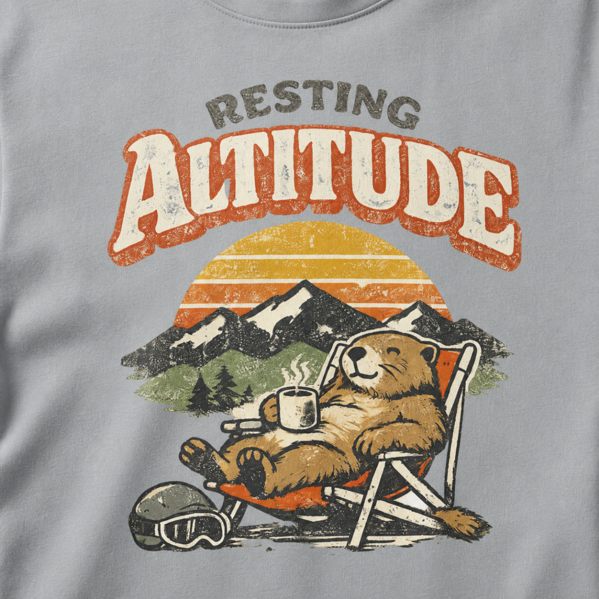 Close-up of a relaxed marmot reclining in a chair with a steaming mug beneath “Resting Altitude” lettering and a mountain sunset.