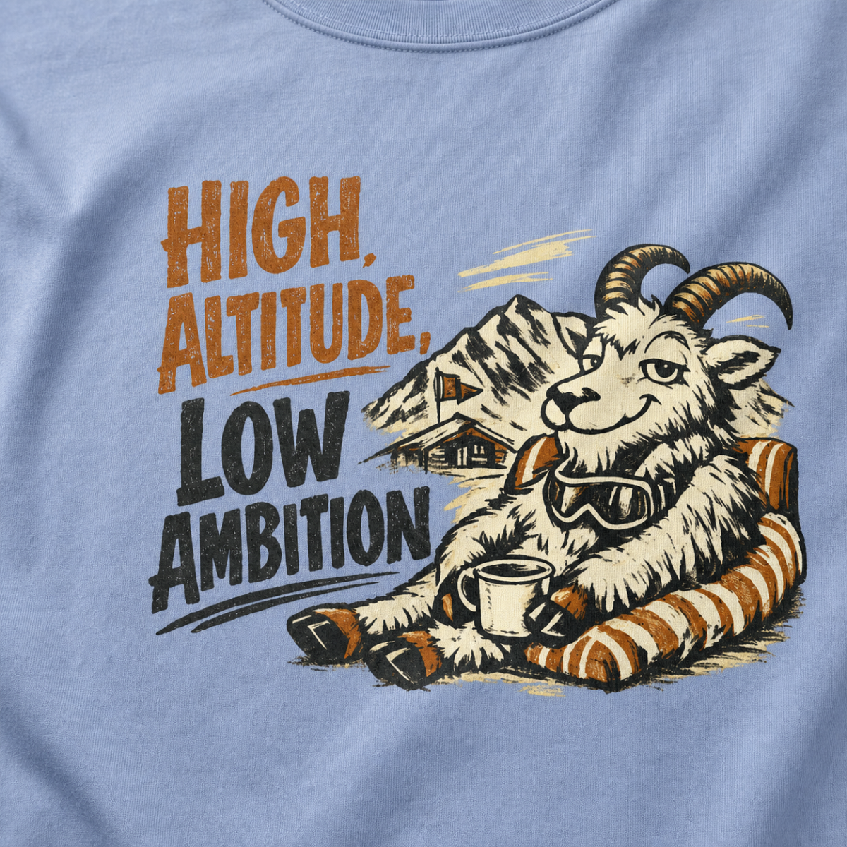 Close-up of a vintage mountain goat lounging on a striped cushion with a mug and snowy alpine scenery.