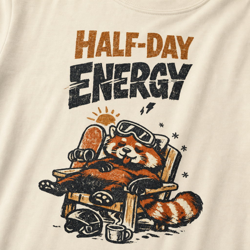 Close-up of an ivory white t-shirt featuring a sleepy red panda lounging in a chair with the phrase “Half-Day Energy.”