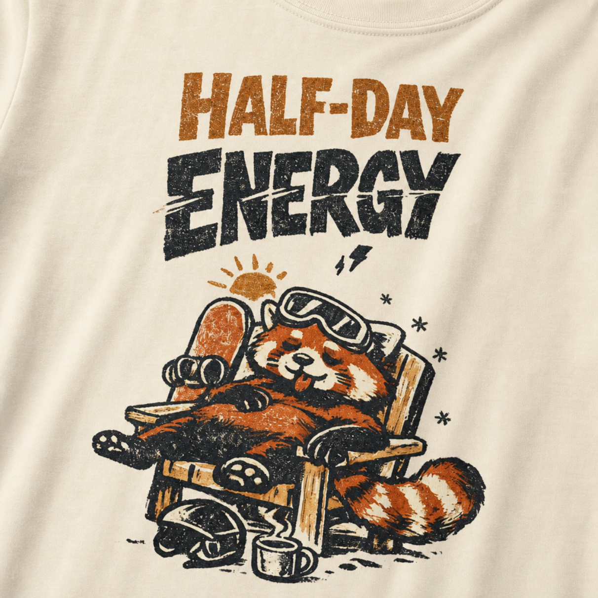 Close-up of an ivory white t-shirt featuring a sleepy red panda lounging in a chair with the phrase “Half-Day Energy.”