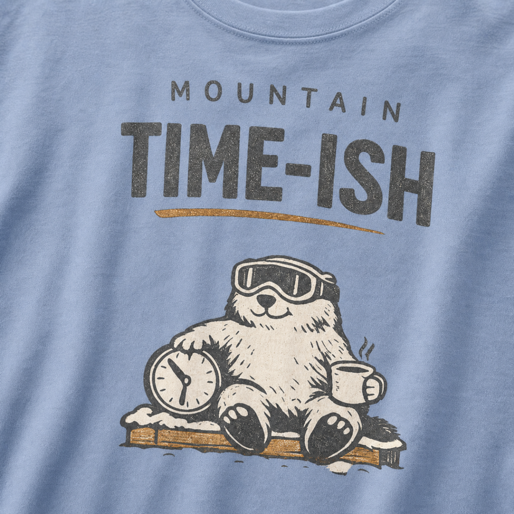 Close-up of a washed denim blue t-shirt design showing a relaxed marmot with ski goggles, a clock and steaming mug beneath the words “Mountain Time-ish.”