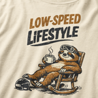 Close-up of a sloth relaxing in a rocking chair with a steaming mug and ski helmet beneath the words “Low-Speed Lifestyle.”