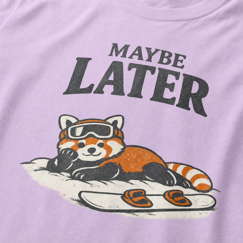 Close-up of an orchid purple t-shirt design featuring a red panda resting in the snow beside a snowboard beneath the words “Maybe Later.”