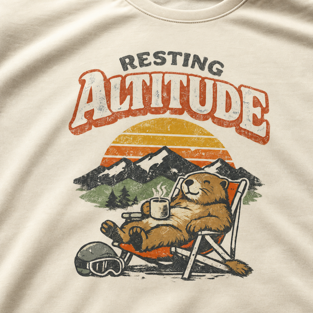 Close-up of a relaxed marmot reclining in a chair with a steaming mug beneath “Resting Altitude” lettering and a mountain sunset.