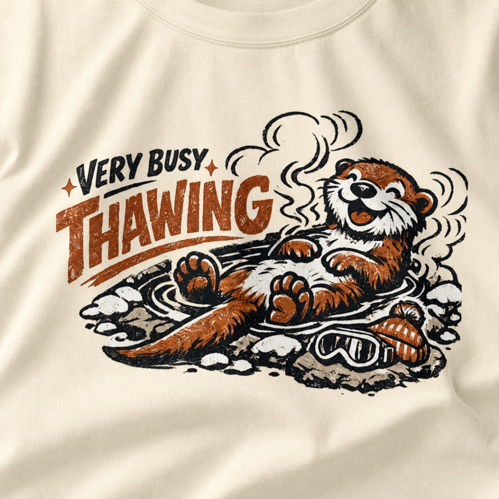 Close-up of an ivory white t-shirt featuring a relaxed otter soaking in a steaming hot spring beneath “Very Busy Thawing” text.