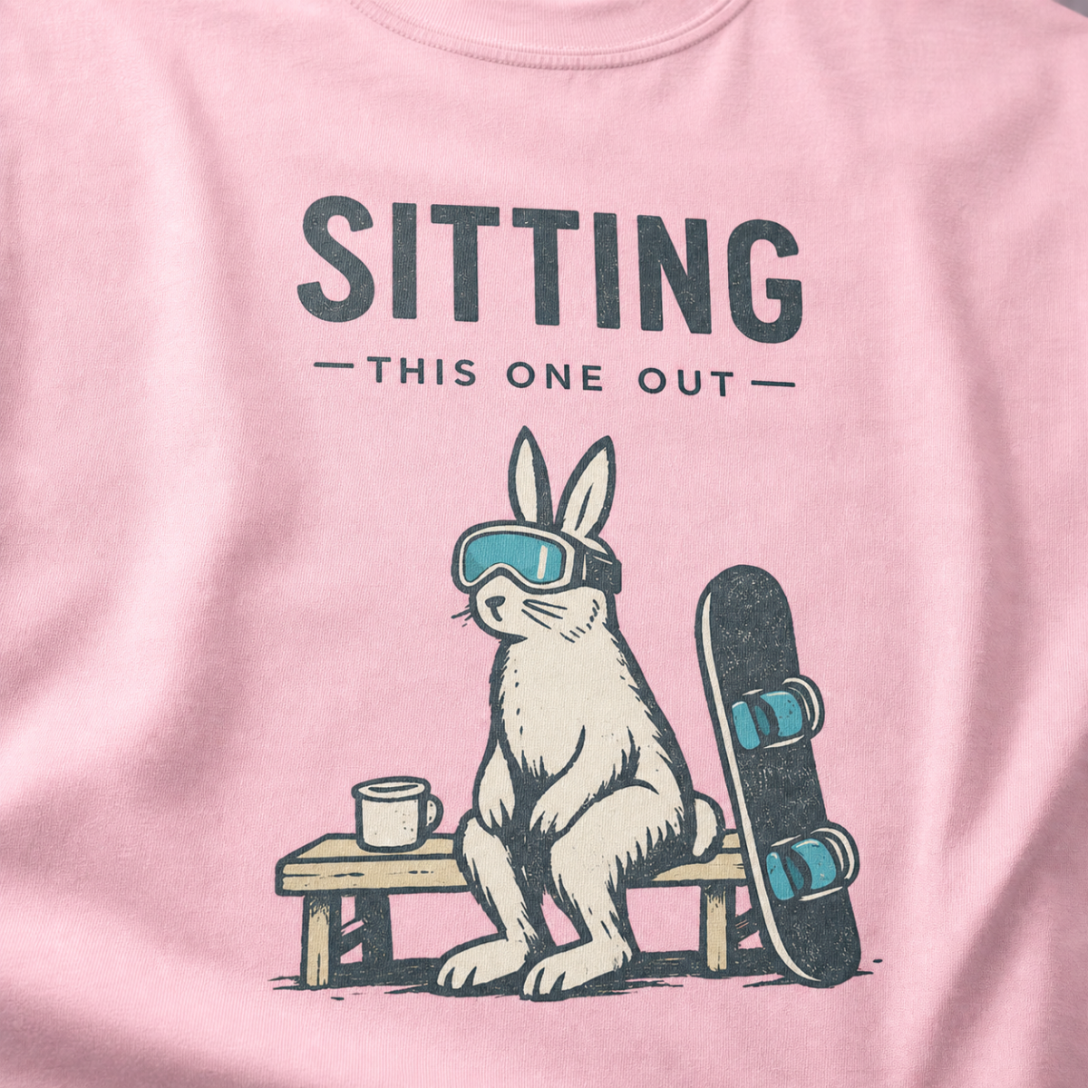Close-up of a rabbit in ski goggles sitting beside a mug and snowboard beneath “Sitting This One Out” lettering.