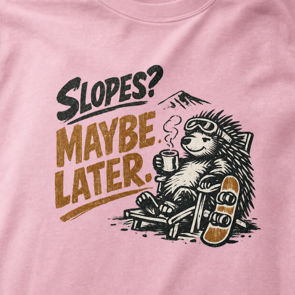 Close-up of a reclining hedgehog holding a hot drink beside a snowboard with “Slopes? Maybe Later.” lettering.
