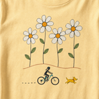 Close-up of a female mountain biker riding beside a yellow dog beneath four large hand-drawn daisies.