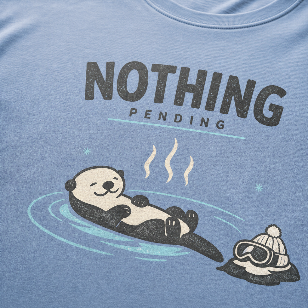 Close-up of a washed denim blue  t-shirt featuring a relaxed otter floating in a hot spring beside ski goggles and a beanie, with the words “Nothing Pending.”