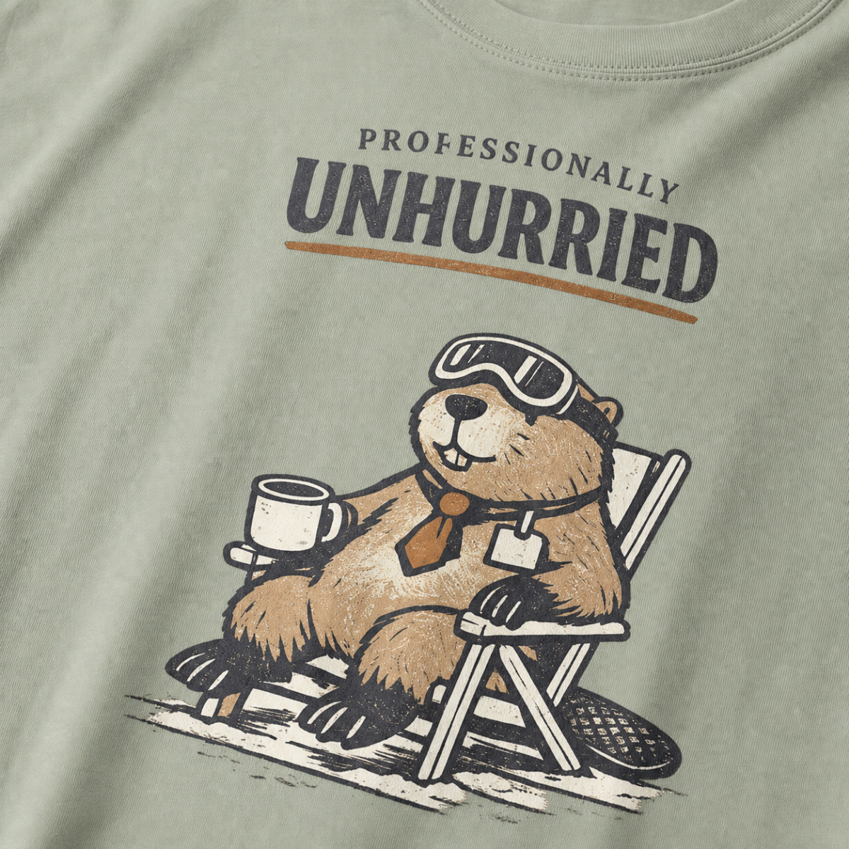 Close-up of a beaver relaxing in a folding chair with a mug, ski goggles and necktie beneath “Professionally Unhurried” text.